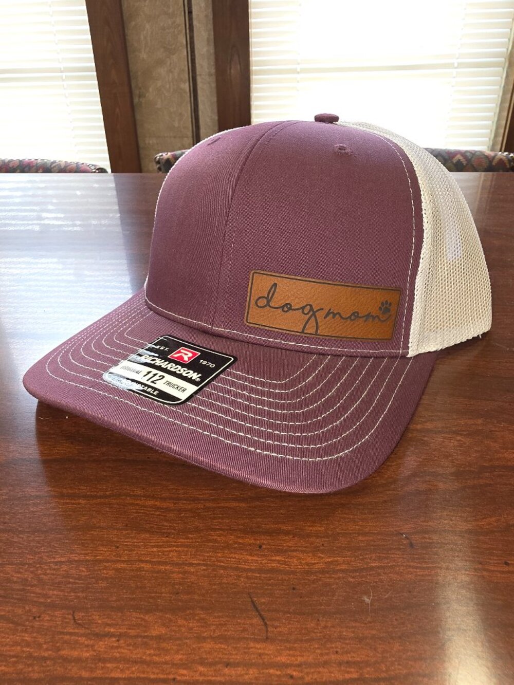 Richardson Maroon/White Adjustable Mesh Back Trucker Hat "Dog Mom" Patch